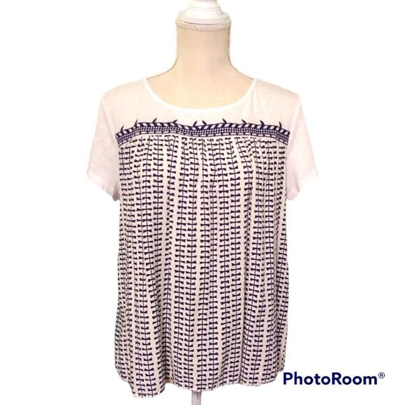 THML by Anthropologie blue white fence print short sleeves casual relaxed top - Picture 1 of 6